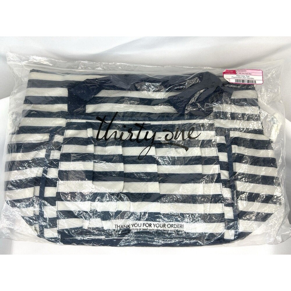 Thirty One New Day Tote Navy Rugby Stripe Diaper Gym Travel Bag NEW